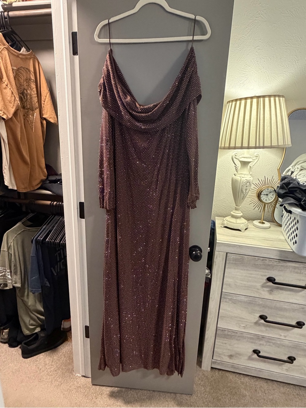 Fashion Nova Brown Sequin Cowl Neck Long Sleeve Gown